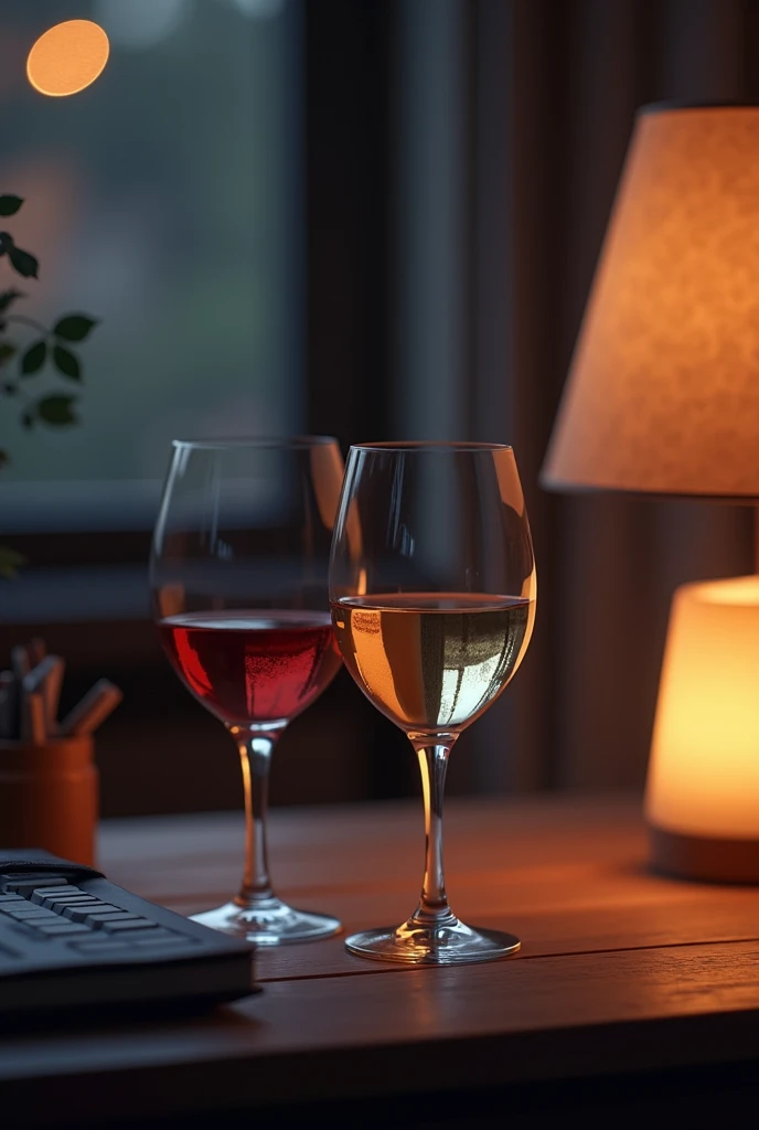 Photo of two wine glasses, on a desk, the night

