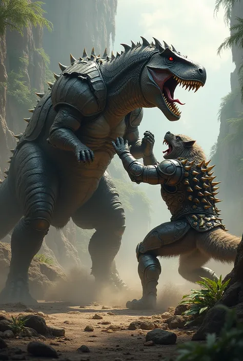 Fight between a dinosaur with armor and a wolf with armor