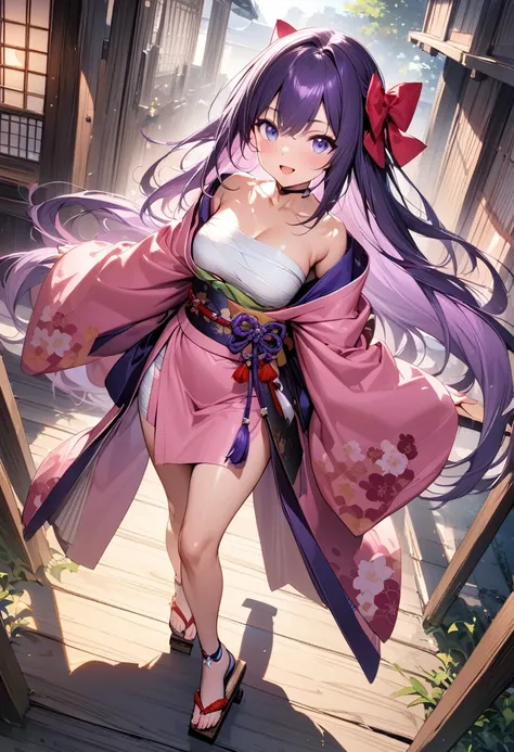 (masterpiece),(best quality),(ultra-detailed),(best illustration),(best shadow),(absurdres),(detailed background),(very aesthetic), 1girl, solo, japanese-clothes, sarashi, full-body, bow, kimono, purple-hair, hair-bow, simple-background, sandals, looking-a...