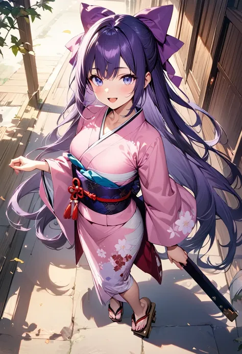 (masterpiece),(best quality),(ultra-detailed),(best illustration),(best shadow),(absurdres),(detailed background),(very aesthetic), 1girl, solo, japanese-clothes, sarashi, full-body, bow, kimono, purple-hair, hair-bow, simple-background, sandals, looking-a...