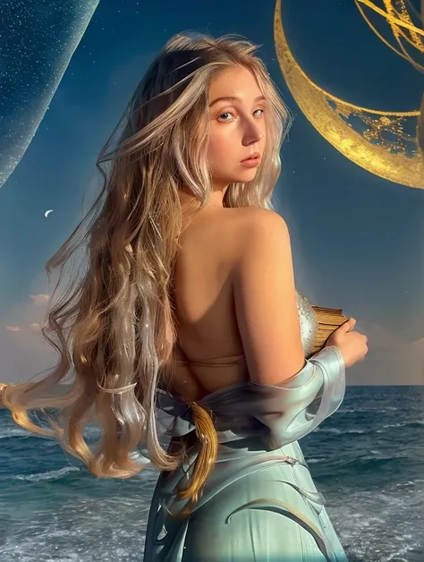 A ethereal, feminine figure with a sorrowful yet regal bearing. Long, flowing golden hair cascades down her back and shoulders. Her skin is pale and luminous, almost translucent. She has large, expressive eyes that shine with a mix of wisdom and melancholy...