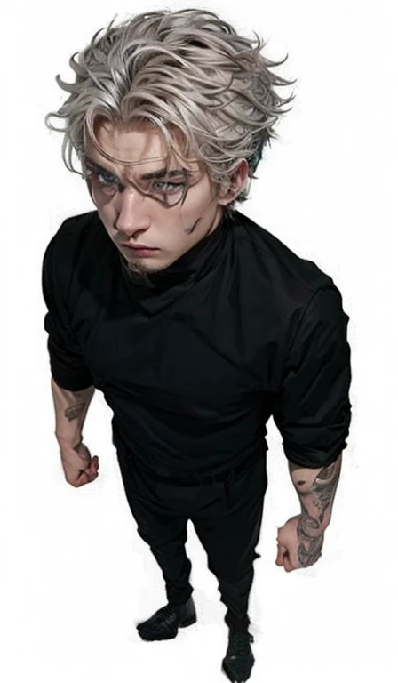 a serious looking man with blue eyes, messy white hair, wearing a black overcoat, comic book style,