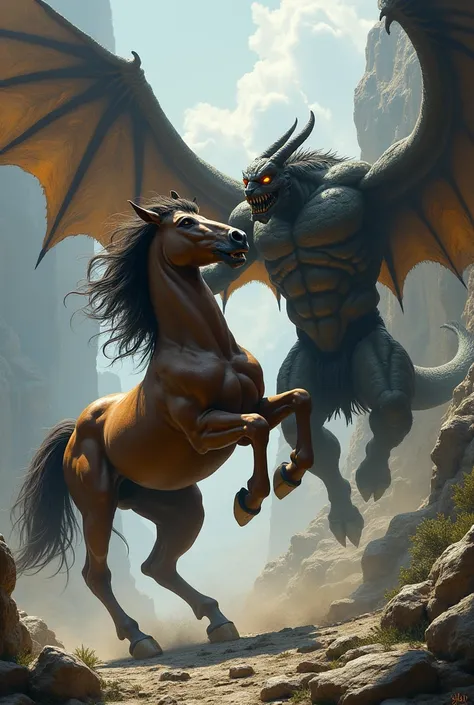 A muscular, long-haired centaur fighting a gargoyle with horns and large wings