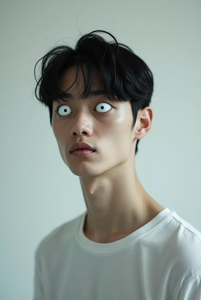 Young man, ,  1,79 tall, 78 kilos, short black hair, Caucasian skin, plain clothes and white eyes with black pupils, style six