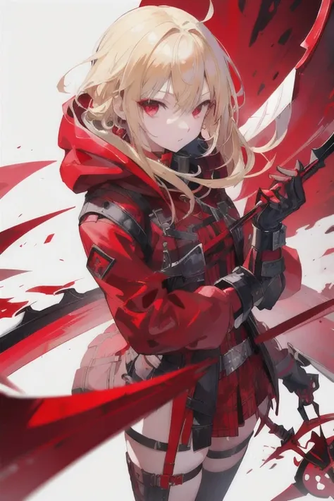  A girl, blonde hair, Red eyes, clear skin, wearing a red hood, holding a red metal scythe, wearing tight scarlet clothing 