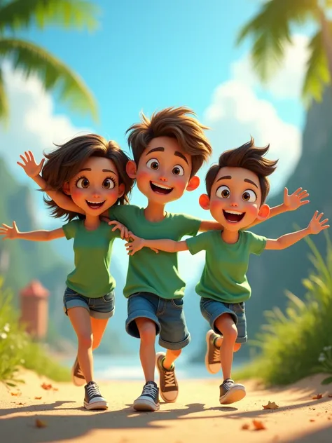 Cartoon of friends having fun on vacation together,  3D animation film poster, Poster de animated film, pixar 3d animation style, pixar renderman render, maya 8 k, animated film, Disney Pixar Style 3D, happy lovers go out together, all wearing light green ...