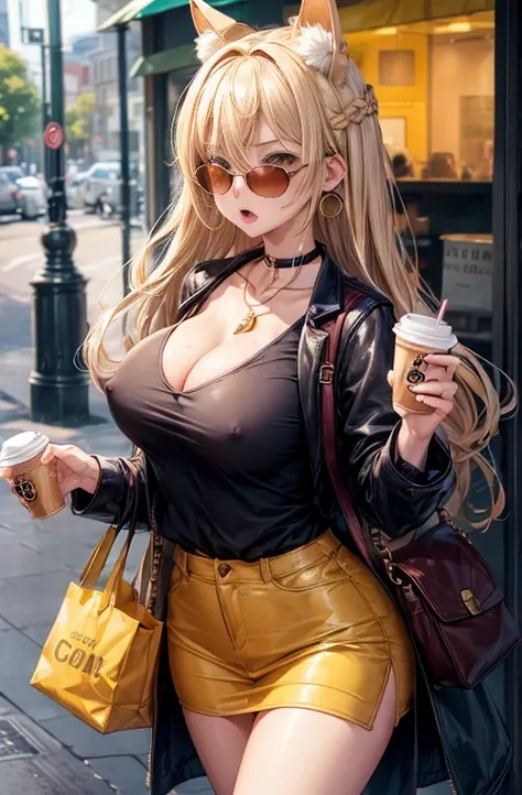 (NSFW:1.5), (1 completely nude girl:1.5),  1girl, mature female, shiny skin, (masterpeice), (wallpaper), (high quality), (absurdres),amy, 1girl, animal ear fluff, animal ears, bag, bangs, blonde hair, blush, breasts, cleavage, coffee cup, collarbone, cup, ...