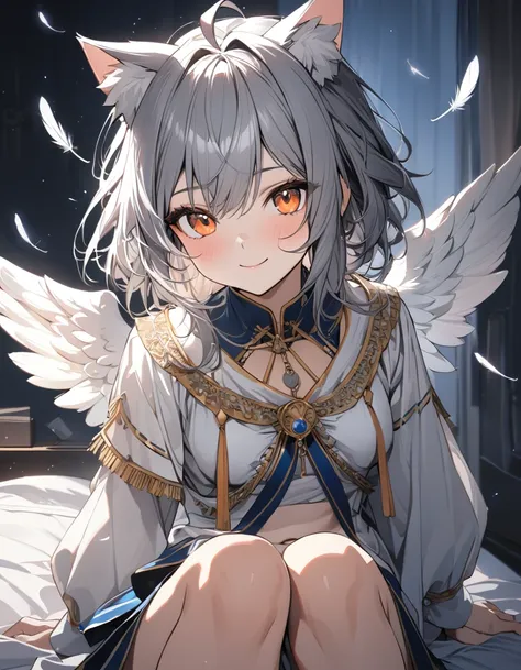 (masterpiece)、(absurdres)、(ultra detailed)、(8k),((angel wing:1.2)),floating angel feathers:1.3,(soft lighting:1.2),smiling with head tilted,cowboy shot,(Greek national costume:1.2),(solo lady),(silver cat ears:1.1),(dark silver hair:0.9),(shortcut hair:1.1...