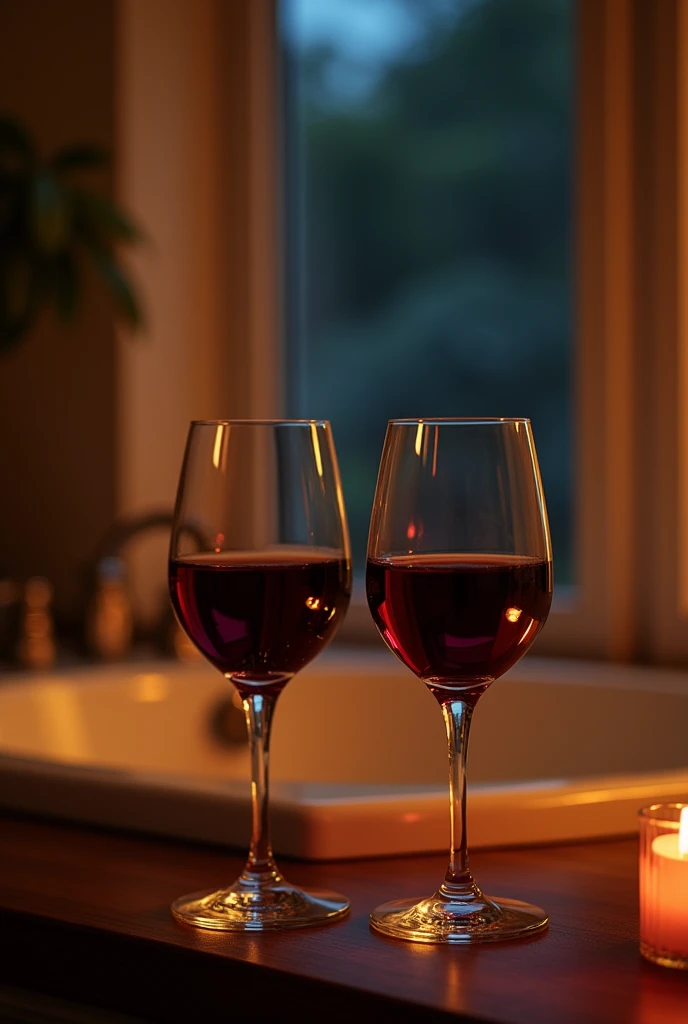 Photo of two wine glasses, on a desk, the night, in the living room of an apartment in Brazil, near the bathtub 

