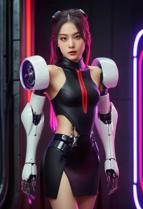 xxmixgirl. Highly detailed professional 35mm film, bokeh, face in sharp focus. A robotic female, Miku, with ((metal skin)), ((perfect Asian eyes)) with magenta irises and ((black pupils)), beautiful serious (detailed face), 1 ((photorealistic face)), very ...