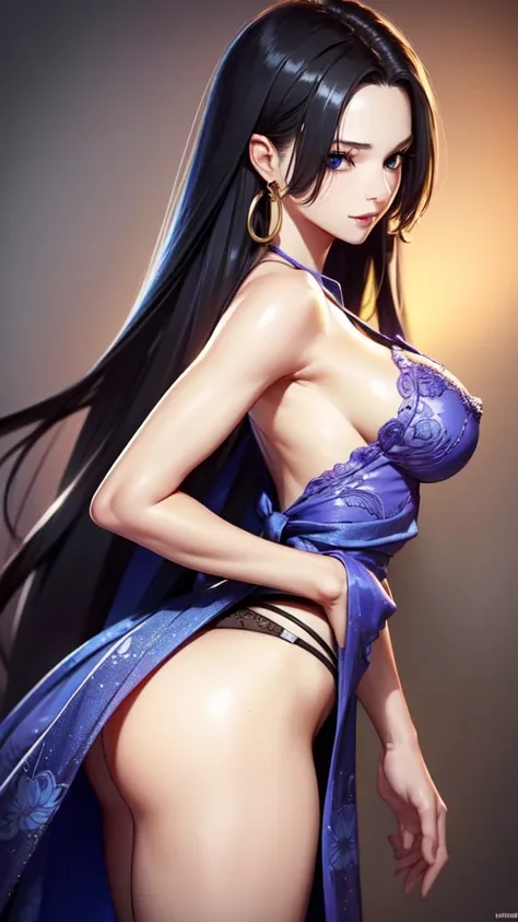 boa Hancock, standing, long hair flying in the wind, (bright black eyes: 1.3), tattoo of the number 69 drawn on her belly, long black hair, smile, sexual appearance, large, large breasts and pert ass, BREAK is in lingerie , BREAK stage, perfect faces, perf...