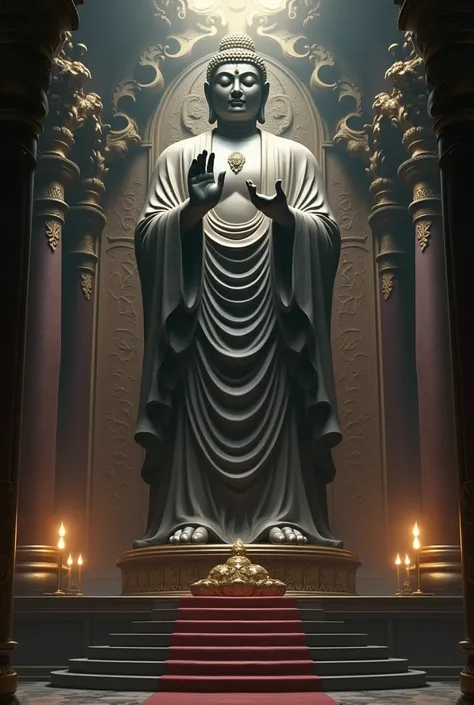 Create a 3D cinematic image of a majestic Buddha statue representing the Tathagata (Suchness) or Buddha of Great Enlightenment. The statue should be depicted in a grand and opulent setting that conveys a sense of supreme divinity and transcendence. Use a d...