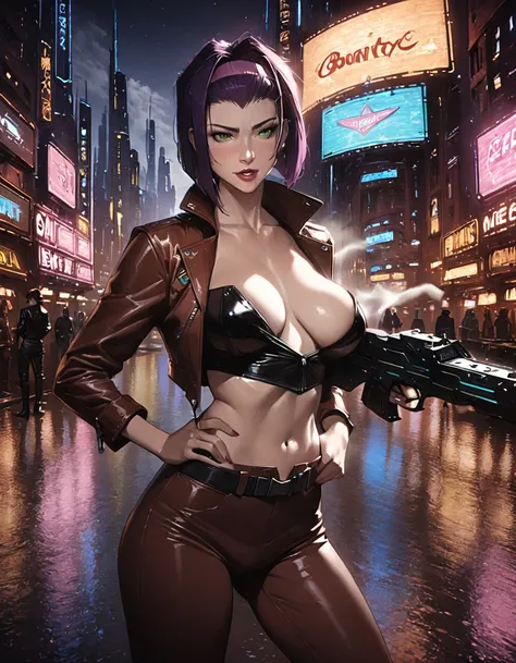 1girl, Faye Valentine, Cowboy Bebop, bob cut, solo, big breasts, green eyes, purple hair, hairband, cbbebop, cbbebop spaceship, (best quality, realistic), futuristic cityscape, neon lights, bounty hunter, space western, intense action, femme fatale, smoke,...