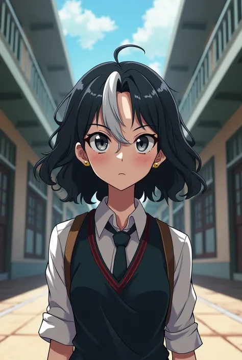 Boku no hero academia style. 1 girl dressed in the formal UA uniform in the hallways of the UA. It has white skin, gray eyes, and black eyebrows. his hair is wavy, reaches to the shoulders, and is black with a white lock on the left side of the forehead; b...