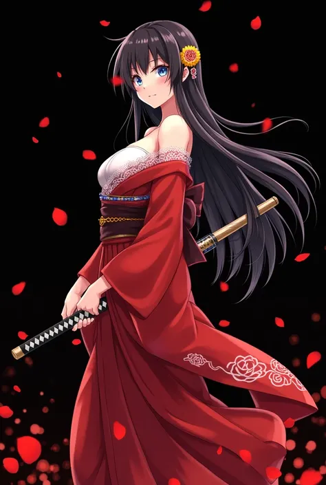 Wearing a red kimono、Open your shoulders and legs、Show off your beautiful breasts、Red rose petals and lace on a black background、A samurais sword、Feel the wind。