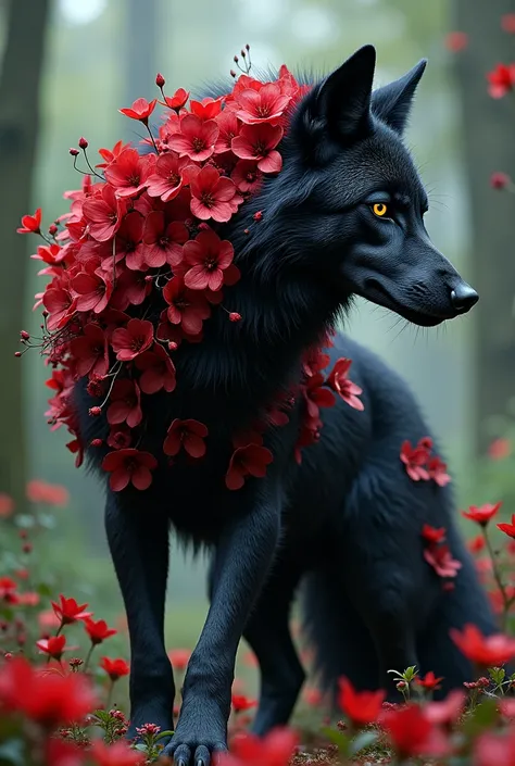 Wolf made entirely of black and red flowers