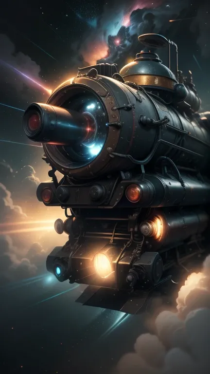 Fantasy，8k,Extremely detailed, masterpiece,High resolution,Highest quality,Increase the resolution,Cinema Lighting,Different space，4 dimensional world，Night on the Galaxy Express，cyber-，light blue body，Train-shaped spaceship，Steam locomotive-type spaceship...