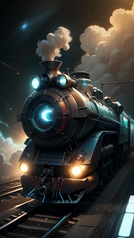 Fantasy，8k,Extremely detailed, masterpiece,High resolution,Highest quality,Increase the resolution,Cinema Lighting,Different space，4 dimensional world，Night on the Galaxy Express，cyber-，light blue body，Train-shaped spaceship，Steam locomotive-type spaceship...