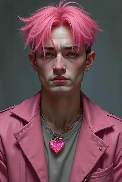 A crying man with pink hair with pink clothes, just the jacket, then he has the upside down heart crystal necklace and like the spinel man