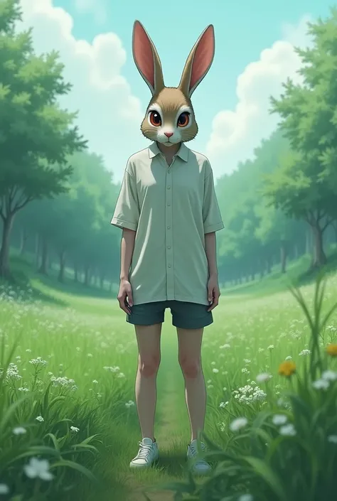  with shorts and white shirt and rabbit mask giving like in a green field anime