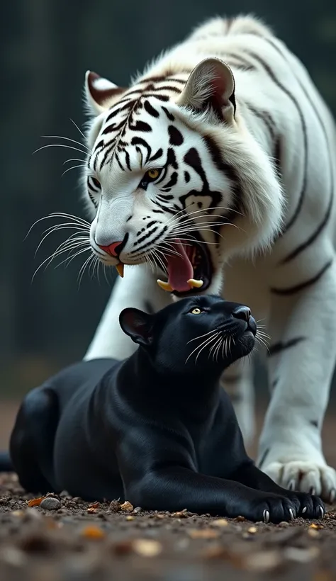 "Create a hyper-realistic image showing a dramatic scene between a black panther and a white tiger. The image features a defeated black panther lying on the ground, clearly exhausted and beaten. Nearby, the enormous, powerful white tiger dominates the scen...