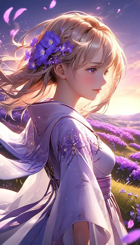 3D anime art, young woman on a hill covered in luminescent purple flowers, wind blowing through her hair, petals floating around, magical twilight setting, intricate details, glowing elements, vibrant and serene, high resolution