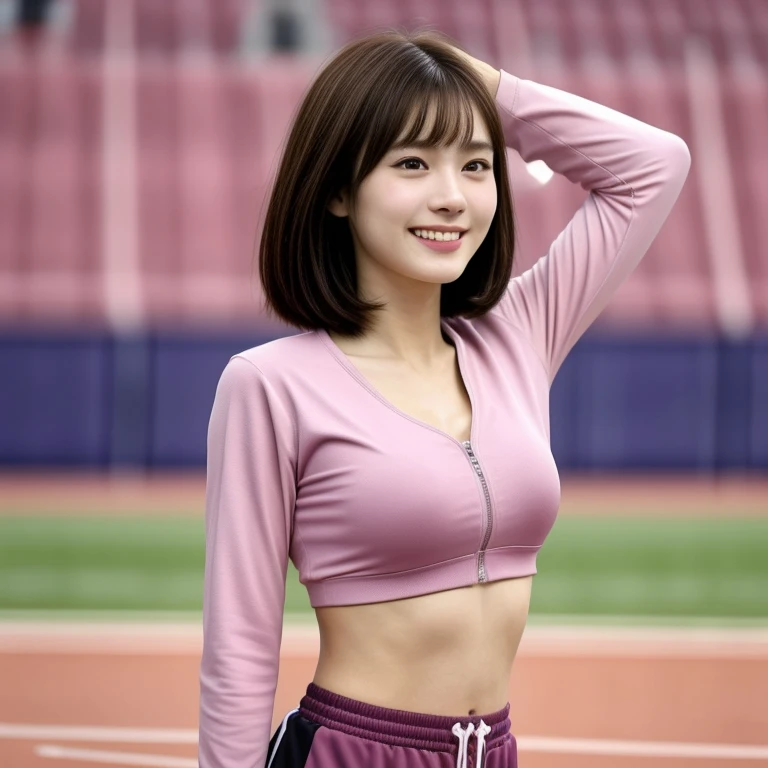 (kawaii 24 year-old Japanese girl, Nogizaka idol, Korean idol), healthy female athlete body, (glossy brown hair, short hair, pixie cut, bangs:1.3), (rounded face, beautiful black eyes, single eyelid, no makeup:1.2), (looking at away, laughing:1.3), (wearin...