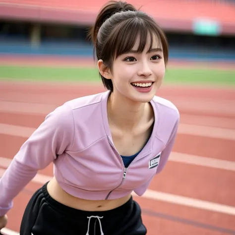 (kawaii 24 year-old Japanese girl, Nogizaka idol, Korean idol), healthy female athlete body, (glossy brown hair, short hair, pixie cut, bangs:1.3), (rounded face, beautiful black eyes, single eyelid, no makeup:1.2), (looking at away, laughing:1.3), (wearin...