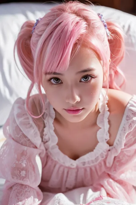 8k, RAW photo, best quality, masterpiece:1.2), (realistic, photo-realistic:1.4), (extremely detailed 8k wallpaper), japanese 20 age woman,Ultra-detailed cute face, Detailed eyes, Double eyelid,chemise, full body,(topknot, Huge breasts :1.2,(pink hair ),Tea...