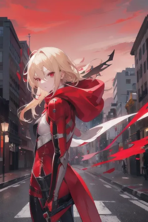  A woman, blond hair, Red eyes, clear skin, Wearing a red hood, wielding a knife, wearing tight scarlet clothes, looking at the horizon, in the middle of the street at night 