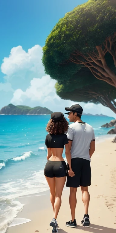 A Disney Pixar-inspired movie poster with title "sunday".

(A woman with curly hair in a beige bikini and a black cap, a man wearing a black Nike cap, black shorts, black and white shirt, with your back to the sea). the scene must be in Pixar&#39;s distinc...