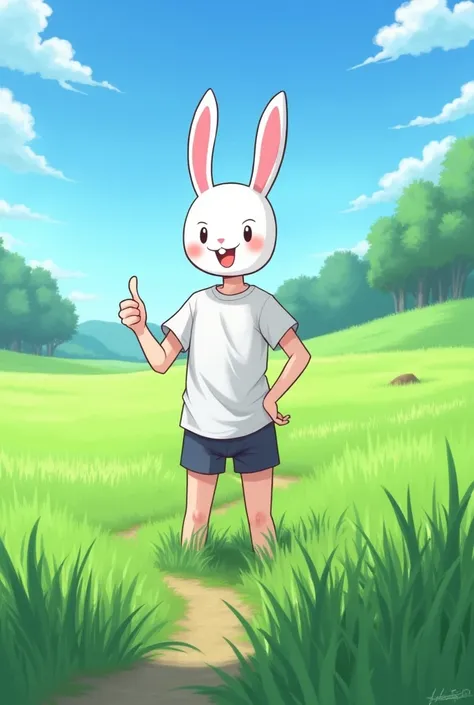  with shorts and white shirt and rabbit mask giving like and winking in a green field anime