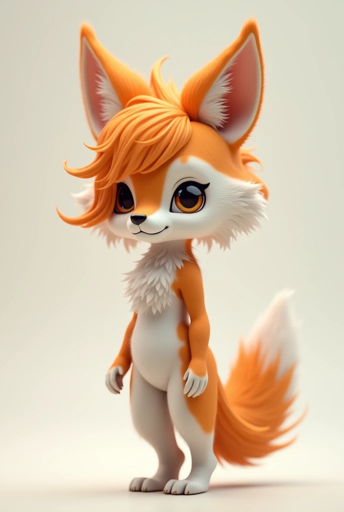 many, human body, wolf ears, fluffy, small breasts, small waist, orange hair, with orange spots on its white fur