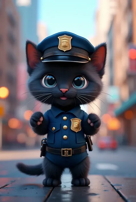 A small black kitten standing facing forward with its front legs raised。Smiling。
Big eyes with a cute, human-like expression。Slightly larger head than body。limbs are short。
Wearing police uniform。Glossy texture。
The background is a daytime city

