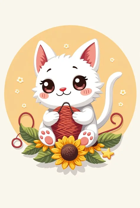 Generate a logo for my business that has a circular shape at the bottom with a small detail of woven sunflowers, to the center of the circle that bears the name of Pelucitas Maseg Knitting with Love, Plus there&#39;s a kawaii white cat knitting with kawaii...