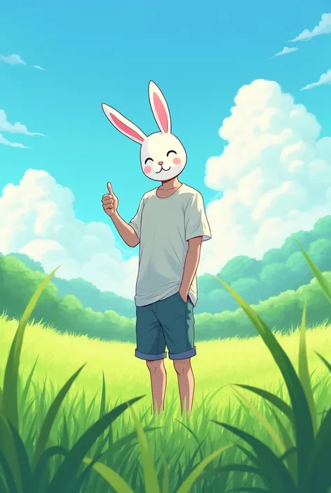  with shorts and white shirt and rabbit mask giving like and winking in a green field anime