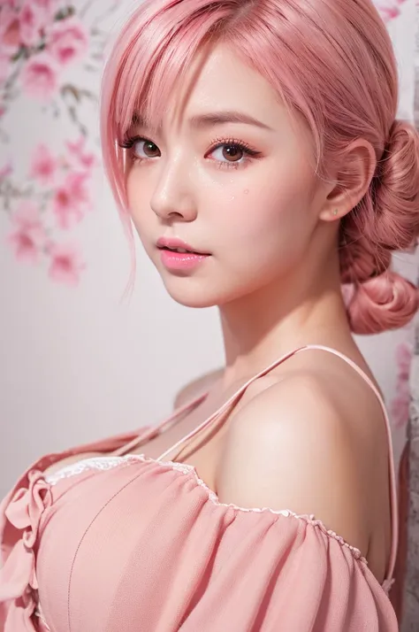 8k, RAW photo, best quality, masterpiece:1.2), (realistic, photo-realistic:1.4), (extremely detailed 8k wallpaper), japanese 20 age woman,Ultra-detailed cute face, Detailed eyes, Double eyelid,chemise, full body,(topknot, Huge breasts :1.2,(pink hair ),Tea...