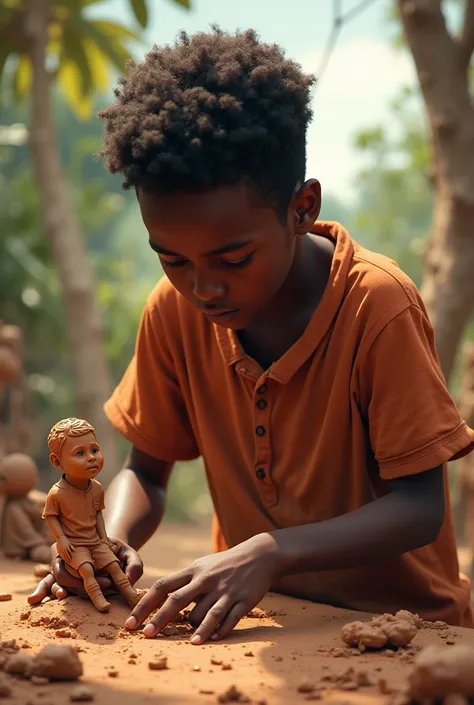 African boy building messi with clay