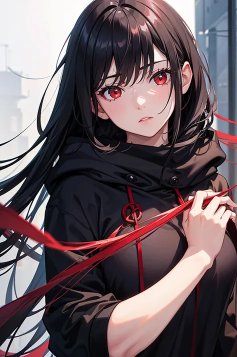 Best quality, masterpiece, ultra high res, (photorealistic:1.4), raw photo, 1girl, expressionless, portrait, black hair, long hair, bright red eyes, black hoodie, red spider lily