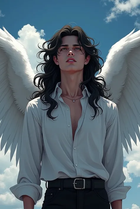 illustration style of lucifer from the bible, soft lighting, (dramatic angle:1.25), (standing alone:1.4), (1 men), ((Bblack hair), long  curly hair), black eyes, (ssmile), sky, (Off-the-shoulder shirt), (staring overhead:1.3), fantastic black and white, sk...