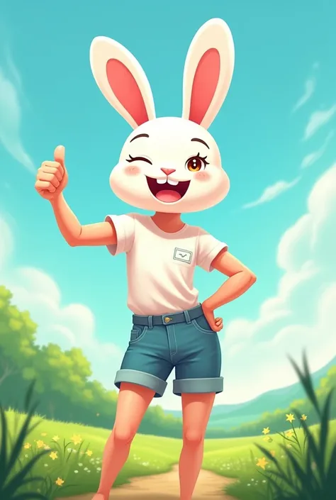  with shorts and white shirt and rabbit mask giving thumbs up and winking in a green field cartoon