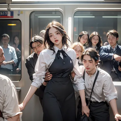 (((Crazy behavior: 1.5), 1 person, (Full Body Shot), 1 person, (((OL being molested: 1.5))), (so beautiful), (Beautiful Face: 1.5), The girl has her hands tied behind her back, is crying, (Office Lady Uniform: 1.2), (In a crowded train: 1.5), The man force...