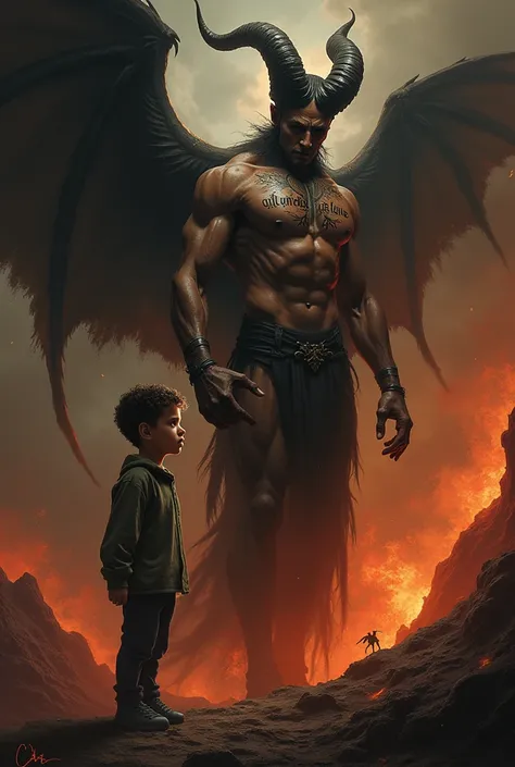 The rapper from Canserbero as a child and with his tattoo (All we need is love) vs lucifer taller strong and with horns in hell 