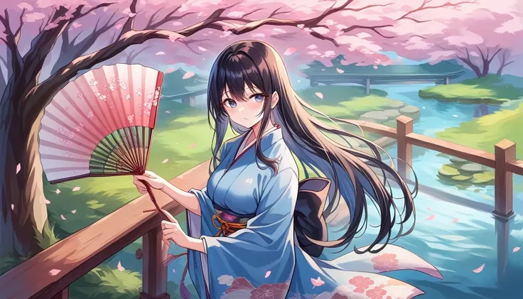 Transform into a modern high school girl，
A 1 girl from the Heian period, standing gracefully in a traditional Japanese kimono with long, flowing black hair. She has a serene expression and is holding a small, delicate fan. The background is a classical He...