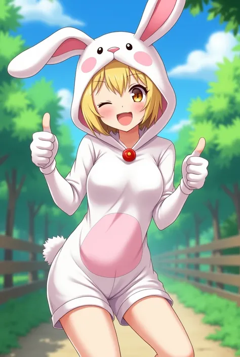  with shorts and white shirt and rabbit costume giving thumbs up and winking in a green anime field