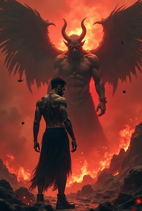 The rapper from Canserbero with his tattoo (All we need is love) on the left arm vs lucifer in hell 