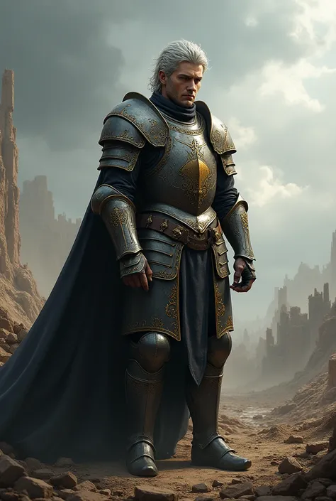 "Create a realistic, human-like image of a young man with silver hair and a scar under one eye. He is dressed in elaborate, medieval-style armor with intricate golden details. The man is standing in the middle of a war-torn battlefield, surrounded by dust ...