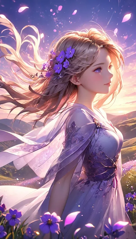 3D anime art, young woman on a hill covered in luminescent purple flowers, wind blowing through her hair, petals floating around, magical twilight setting, intricate details, glowing elements, vibrant and serene, high resolution