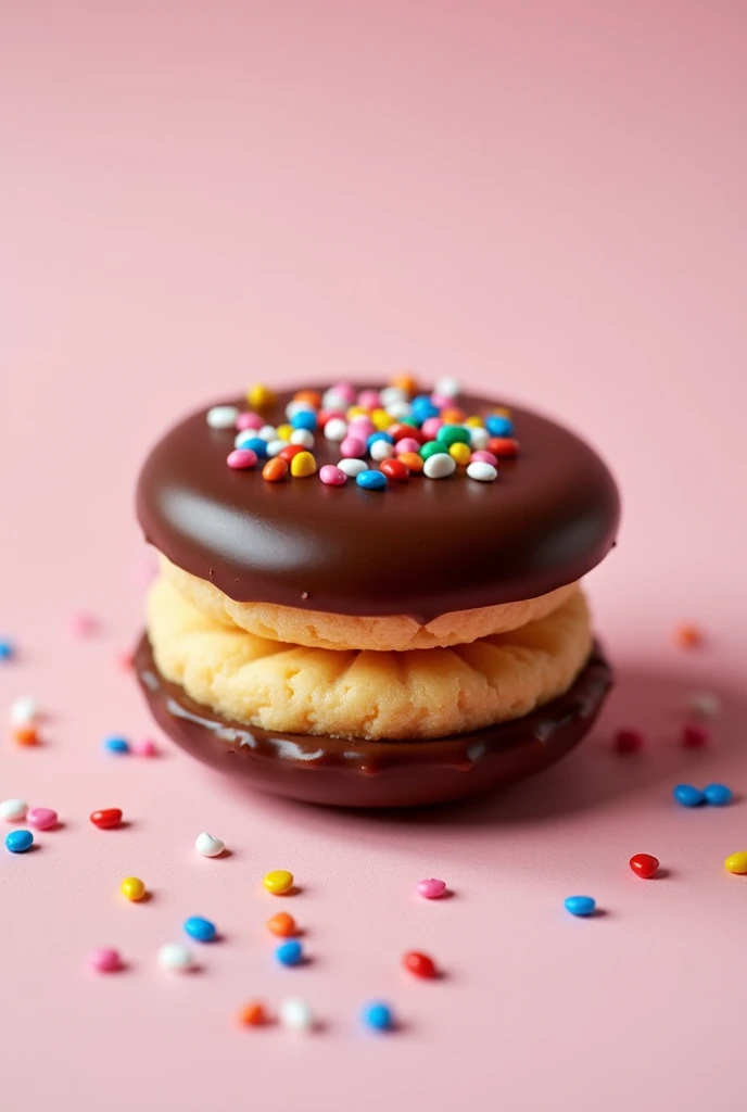 Alfajor covered in chocolate with colored sprinkles