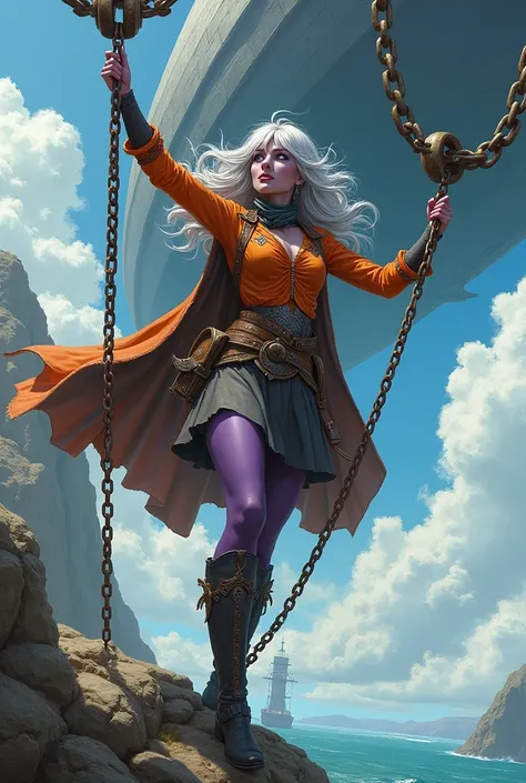 (Ultra-detailed face, looking away, Fantasy Illustration with Gothic, Ukiyo-e, Comic Art, Rich colors), 
BREAK 
(A female dark elf adventurer is triumphantly climbing a huge chain for moorings hanging from a very large airship in the sky. The chains are ve...